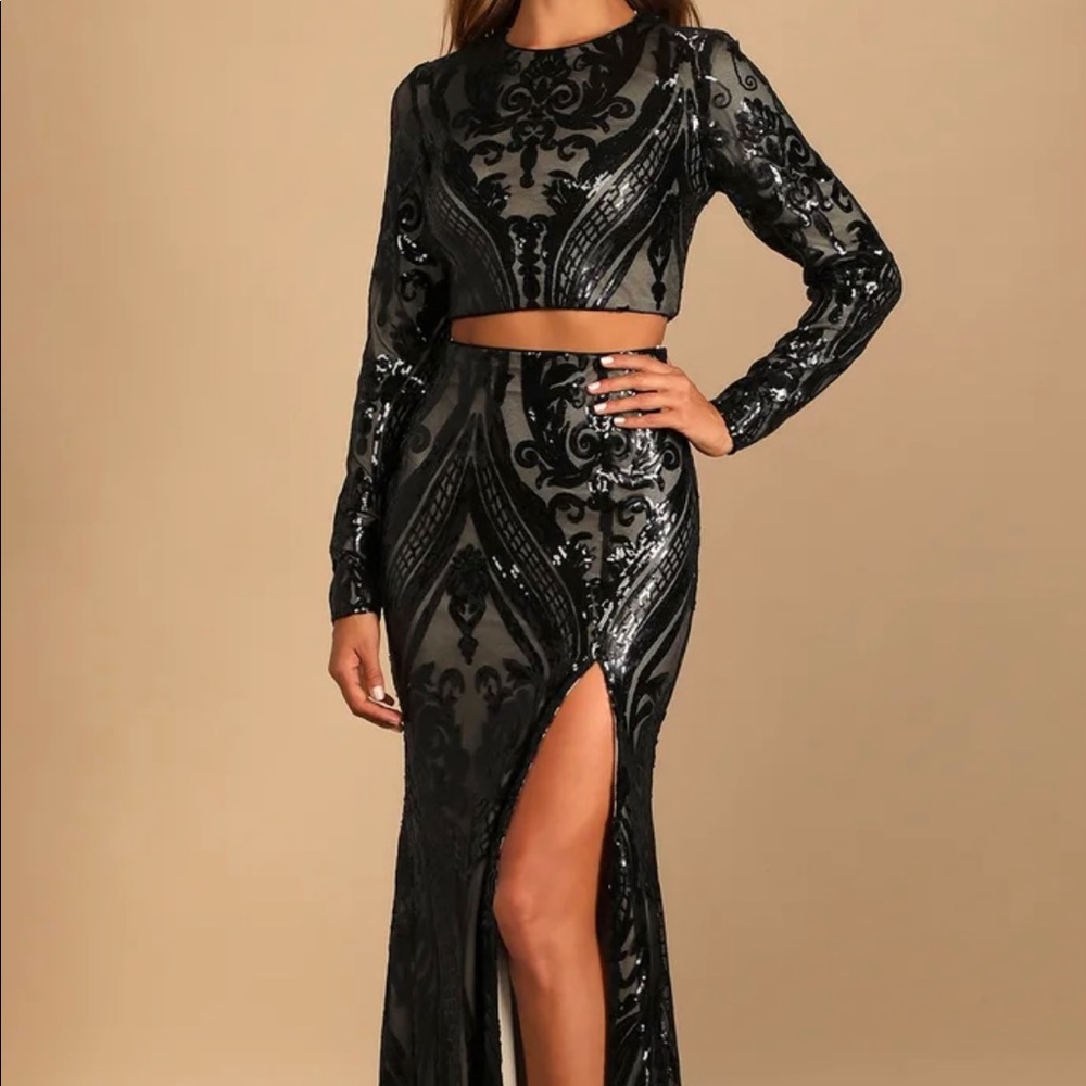 Lulus black sequin long sleeve two piece maxi dress